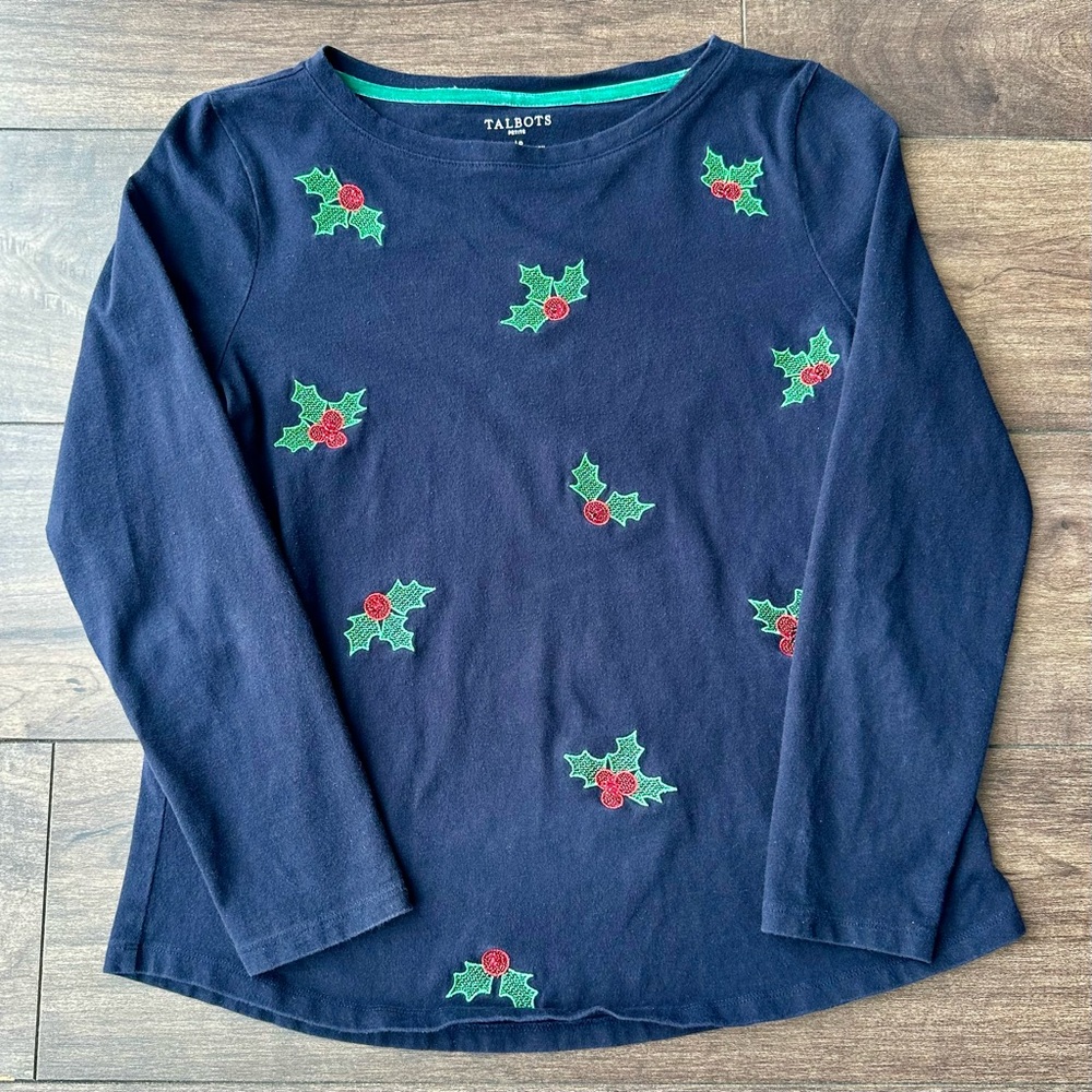 Talbots Holly Berry Embroidered Blue Shirt - Women’s: Large Petite - 100% Cotton
